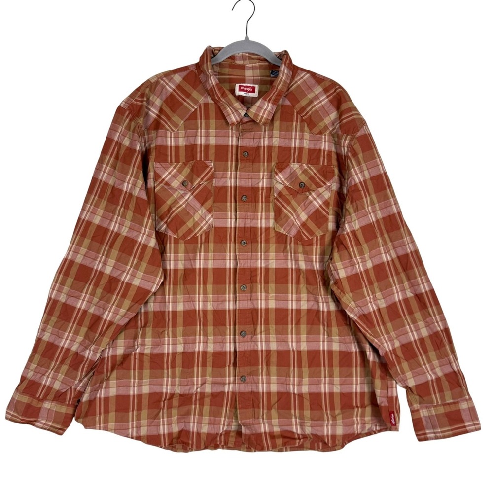 Wrangler Shirt Mens‎ 3XL Orange Plaid Long Sleeve Button Front Pockets Casual